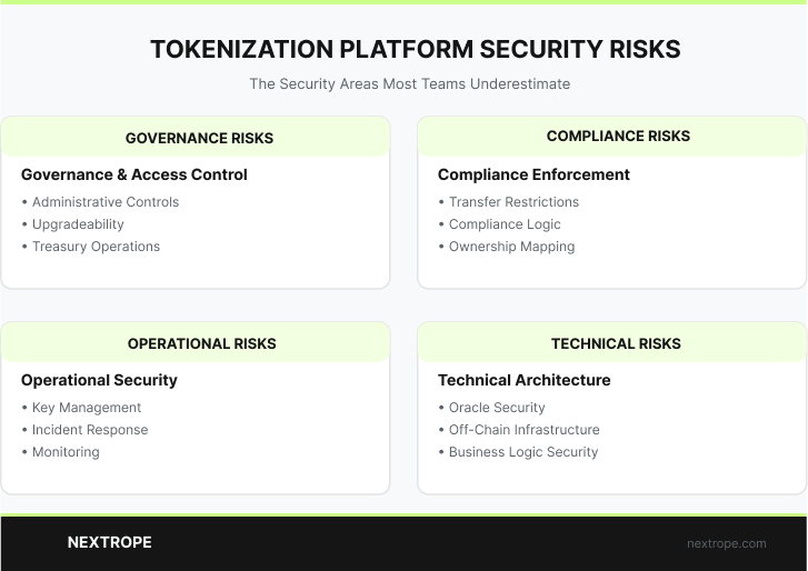 Tokenization platform security risks across governance, compliance, operational, and technical domains